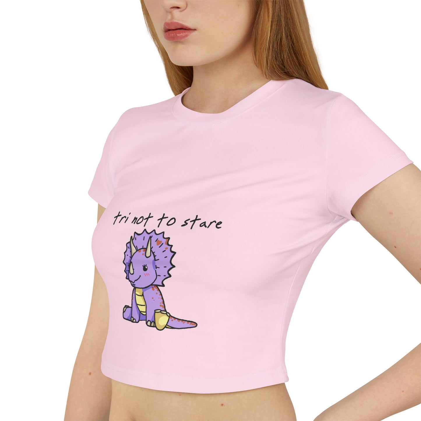 ‘Tri not to Stare’ Trixie Triceratops Dinosaur Crop Top - Women’s Baby Tee
