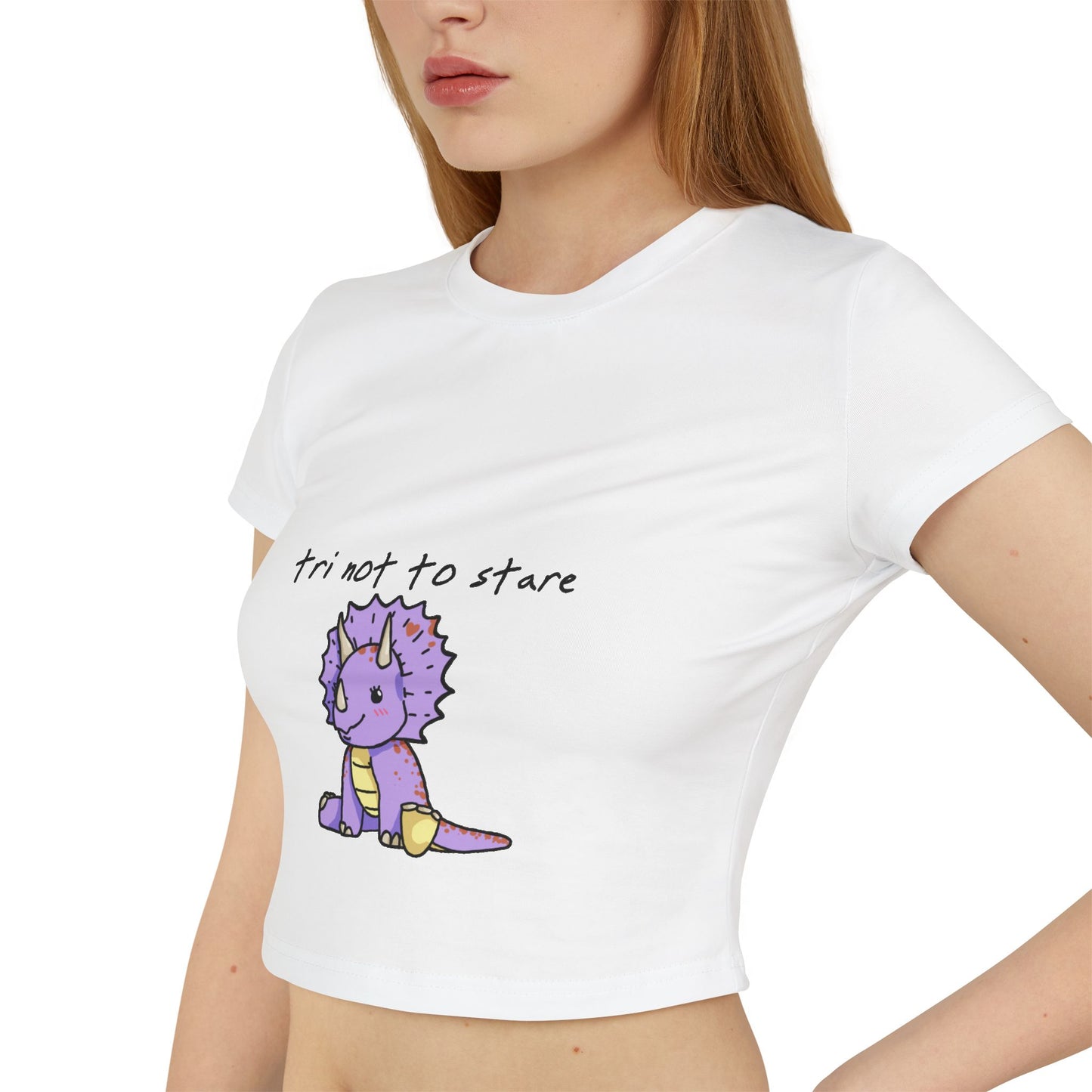 ‘Tri not to Stare’ Trixie Triceratops Dinosaur Crop Top - Women’s Baby Tee